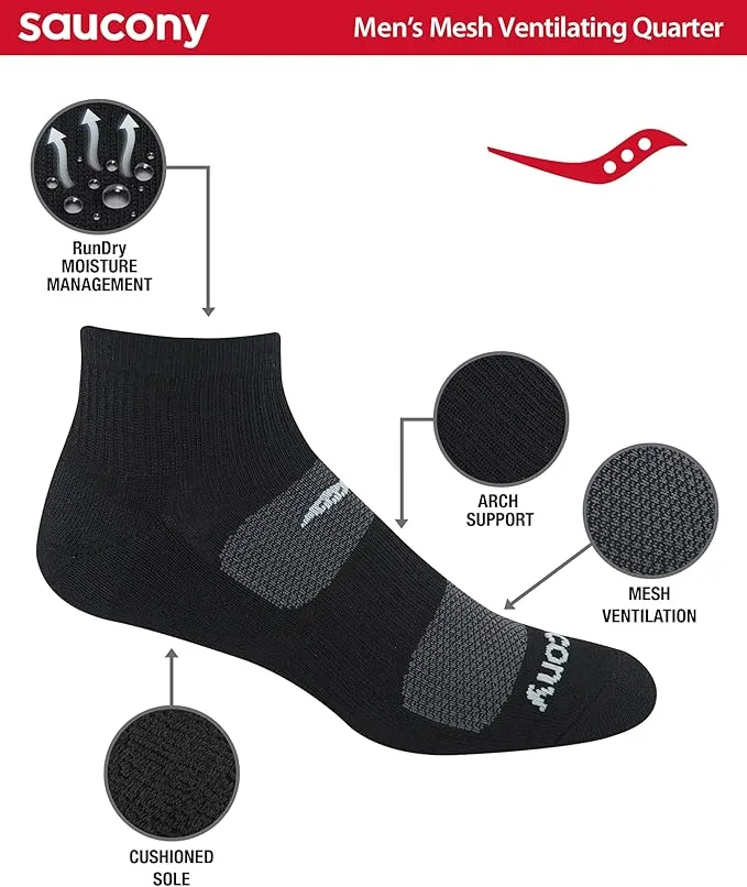 Saucony Men's Rundry Mesh Ventilating Comfort Fit Performance Quarter Socks