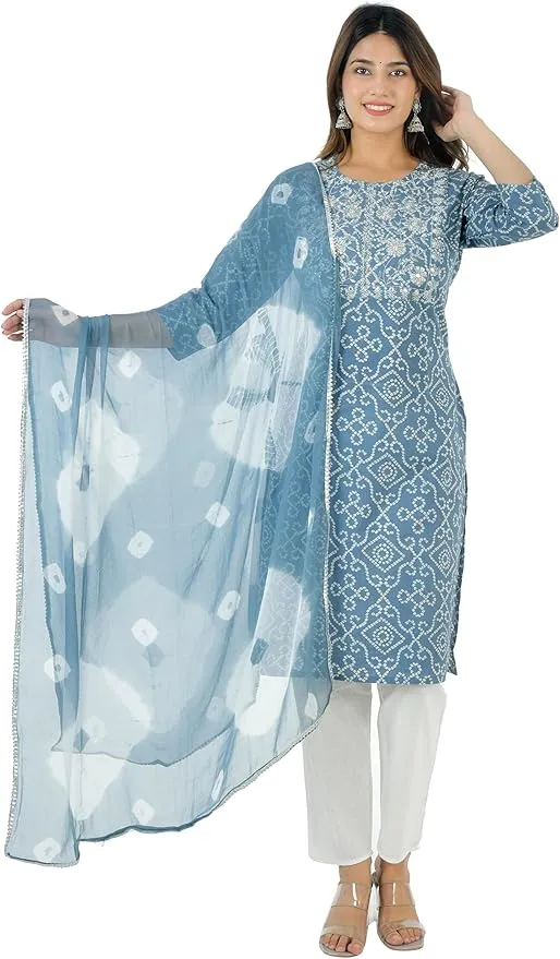 Women's Cotton Indian Bandhej Print Straight Kurta Set