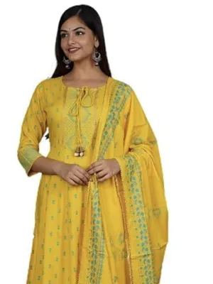 Cotton Anarkali Indian Kurti for Women Summer Dress Kurta Pant with Dupatta Set