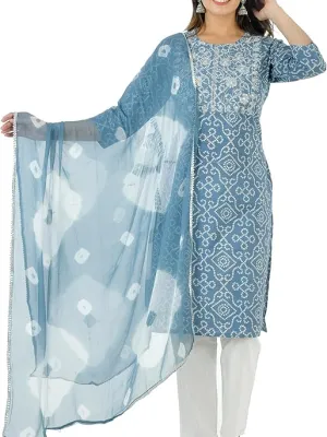 Women's Cotton Indian Bandhej Print Straight Kurta Set