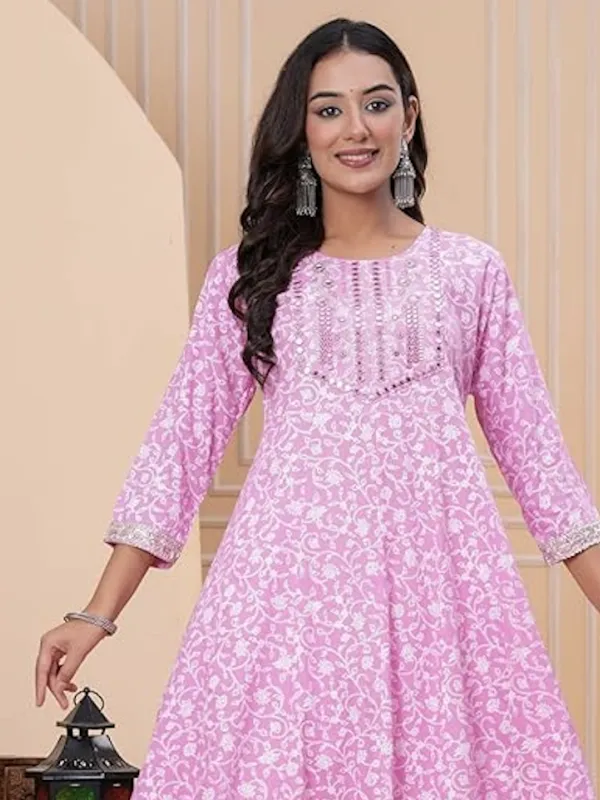 Product Women’s Cotton Anarkali Kurta Set with Pant and Dupatta | Elegant Floral Printed Long Kurti Image