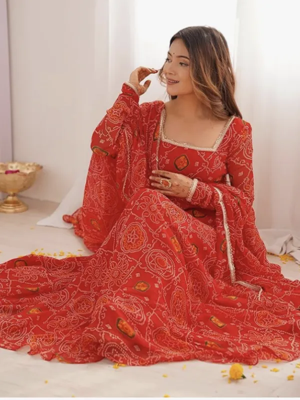 Product Shiv Collection Indian Style Pure Soft Chiffon Bandhej Fully Flair Gown Set for Women ready to wear Image